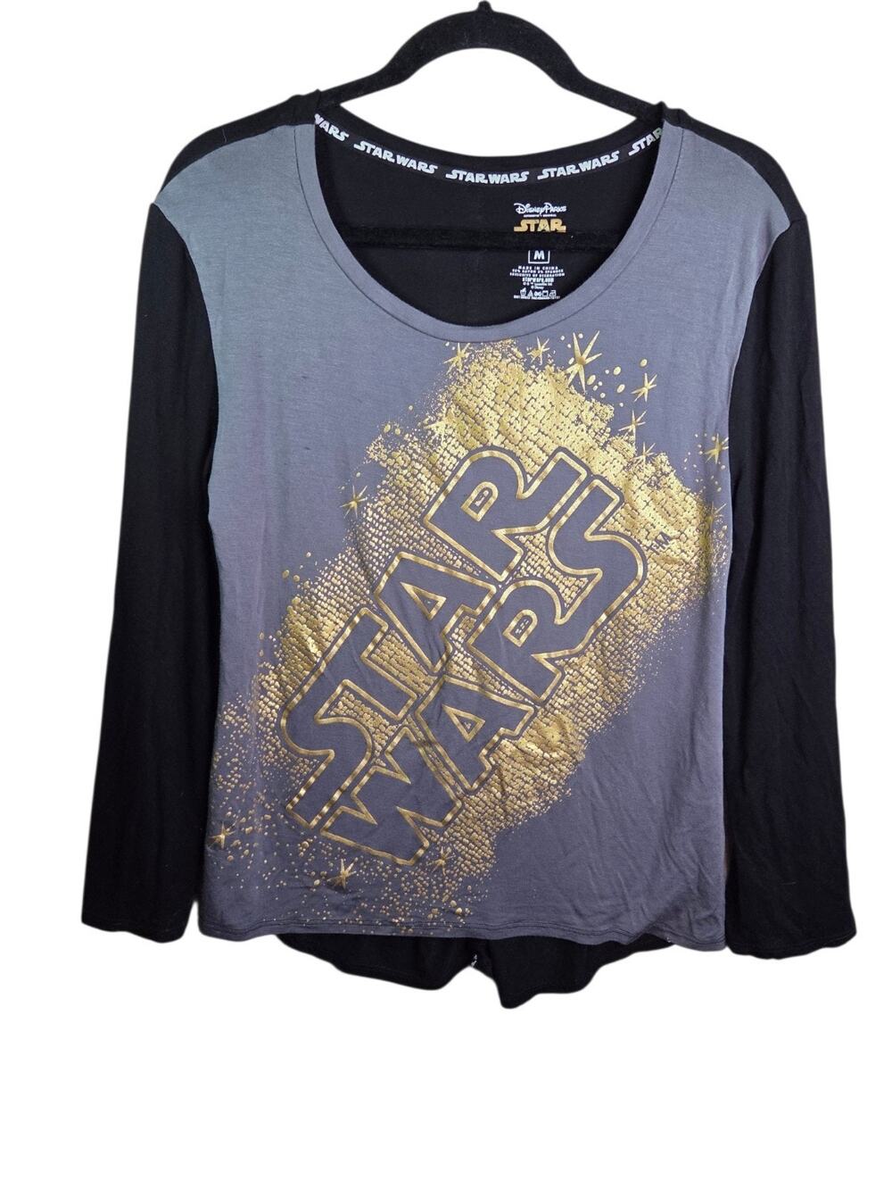 Disney Parks Star Wars Womens Medium Logo Long Sleeve Gold Foil Shirt BlackGray